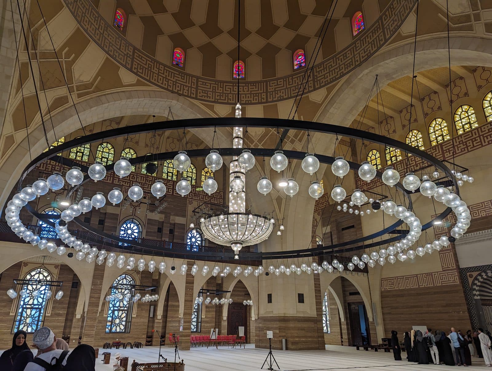 The main prayer hall and chandelier inside Al Fateh Grand Mosque in Manama